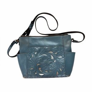 Patricia Nash Aveley Blue Metallic Tooled Leather Crossbody